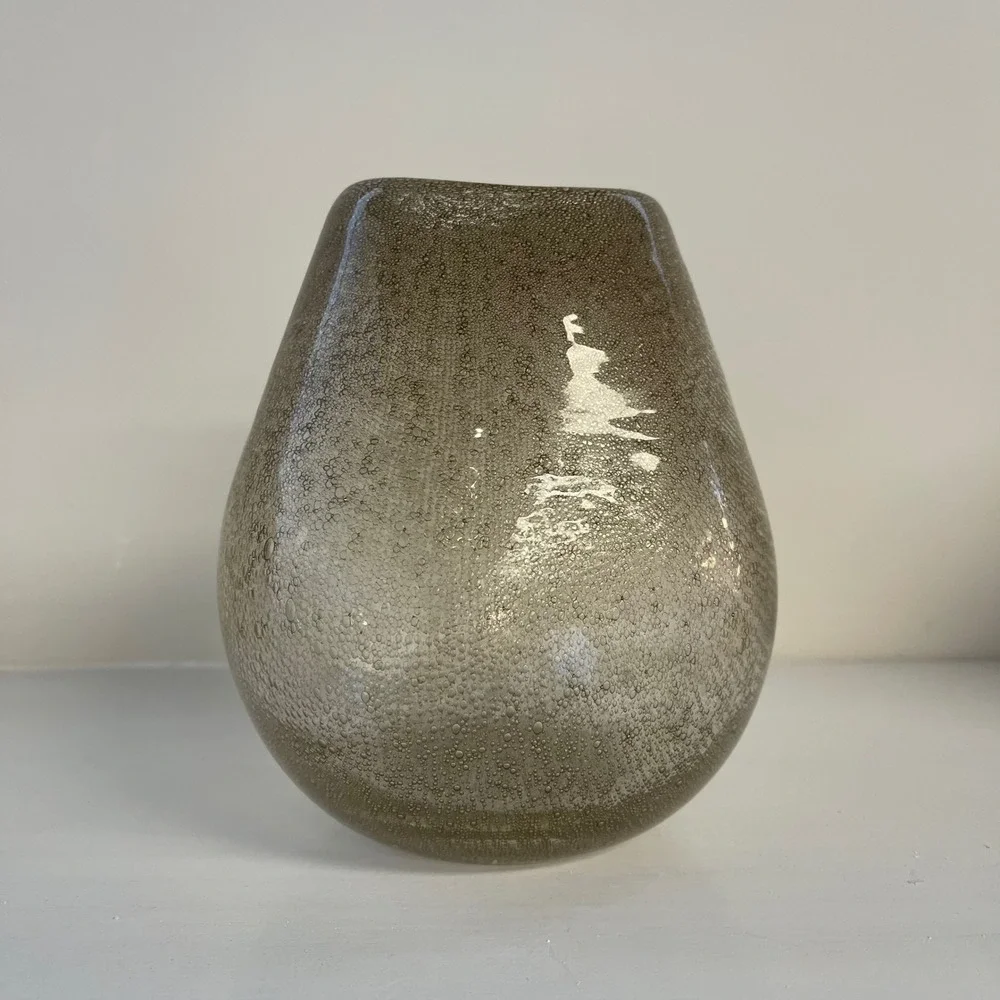 Anthropologie Art Glass Hand Blown Small Bubbles Candleholder 7 in Vase Taupe